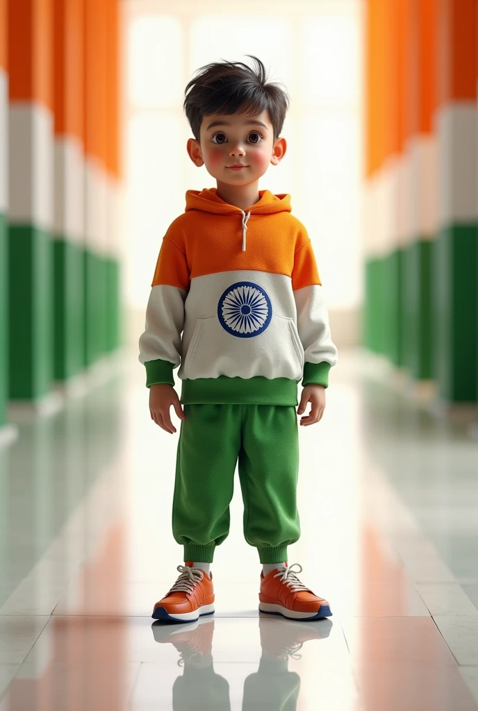 create a 3d realistic image of a boy wearing clothes of Indian flag and he is posing and his 𝕾𝖍𝖆𝖉𝖆𝖇 name is clearly written in bold letters on the white glossy floor below, and the background view is blurred with the colors of Indian flag, make sure  the name should be visible and correct.  Create high quality images.