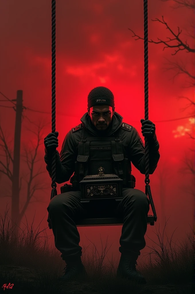 F.E.A.R. Operative named “D-12” sitting on the swing and holds Alma Wade’s music box looking at the red sky