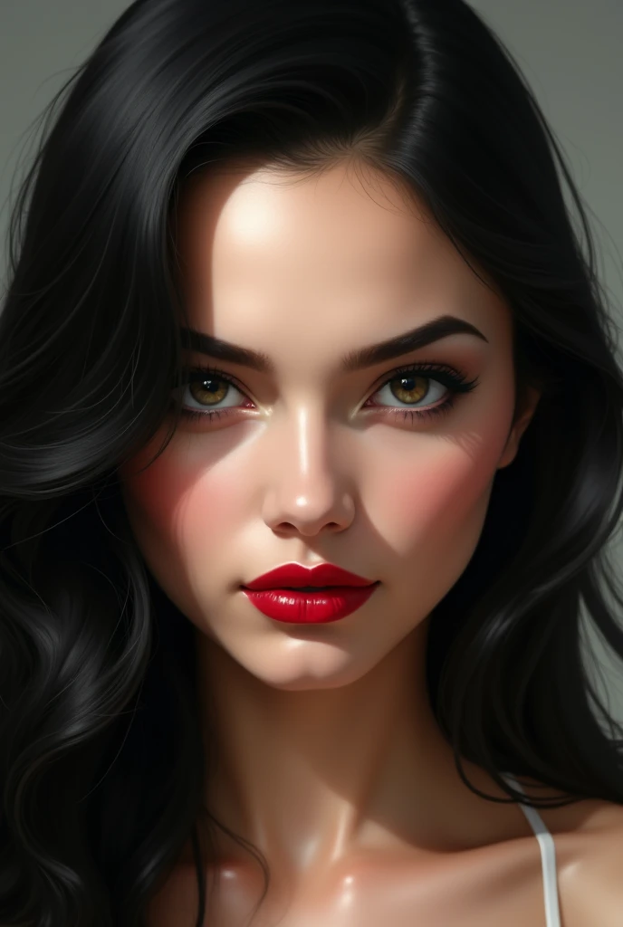 a very beautiful girl with a black hair and sexy face, wearing red lipstick and biting her lip to express orgesm.