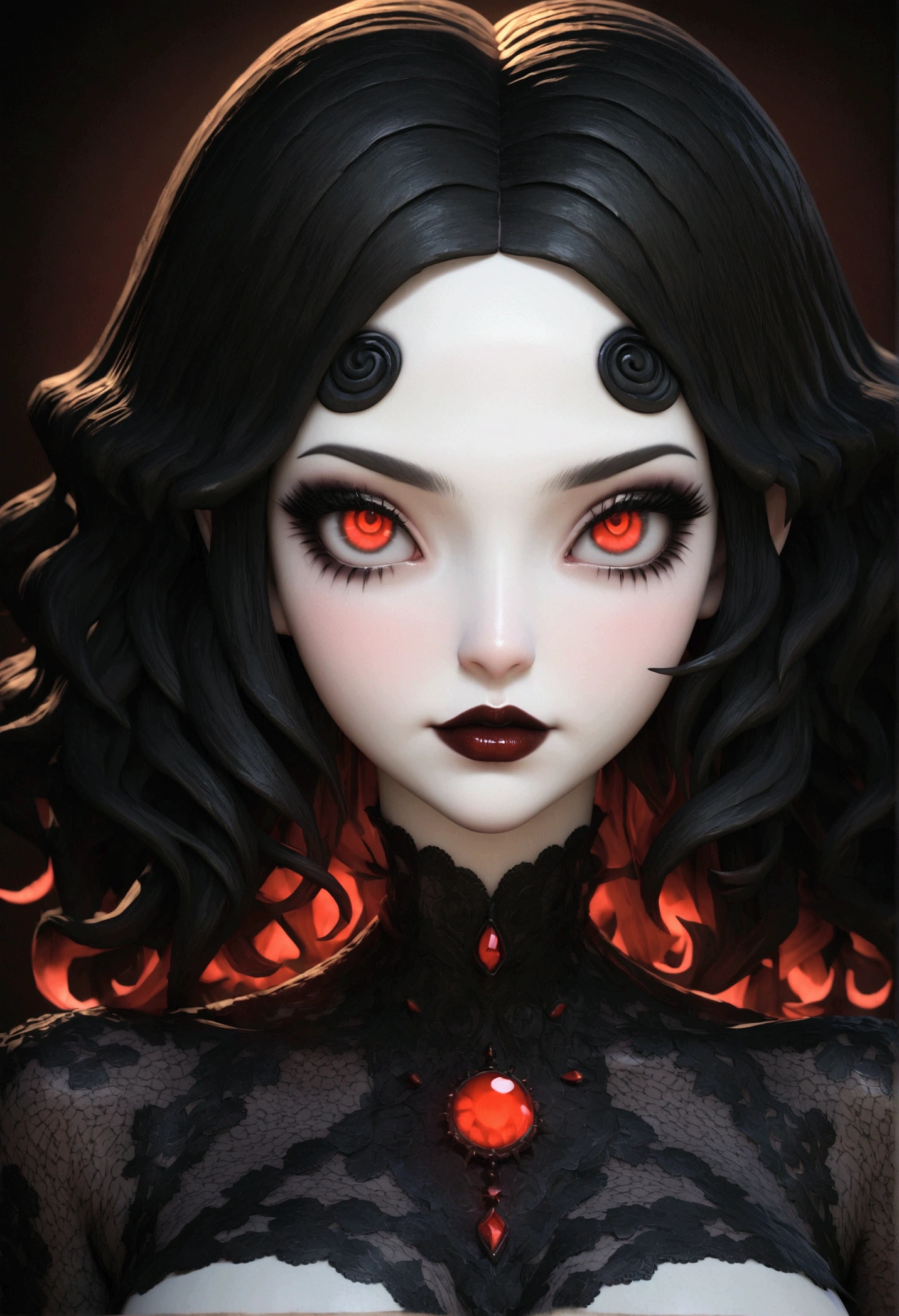 Face of a porcelain girl Goku cat sexy big sexy tits, with extremely heavy makeup, ghostly, vermelho cereja neon lipstick, big, round, sorrindo de antes lindos shiny mel neon Rinnegan eyes huge eyelashes, simple, soft, dreamlike brilhante yellow black red neon repicado fios por fios hair background, surrealism, intricate details, 3D rendering, octane rendering. Nicoletta Ceccoli style. Close-up. Masterpiece of the best quality, ultra-hd 32k.