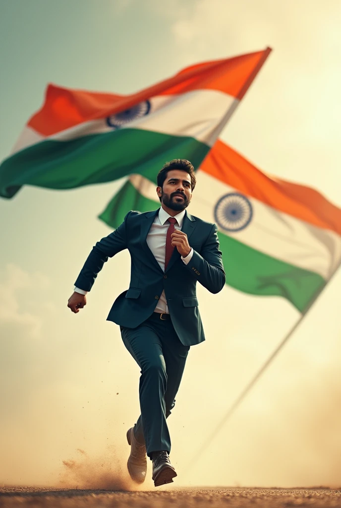 A well dressed man running with Indian flag