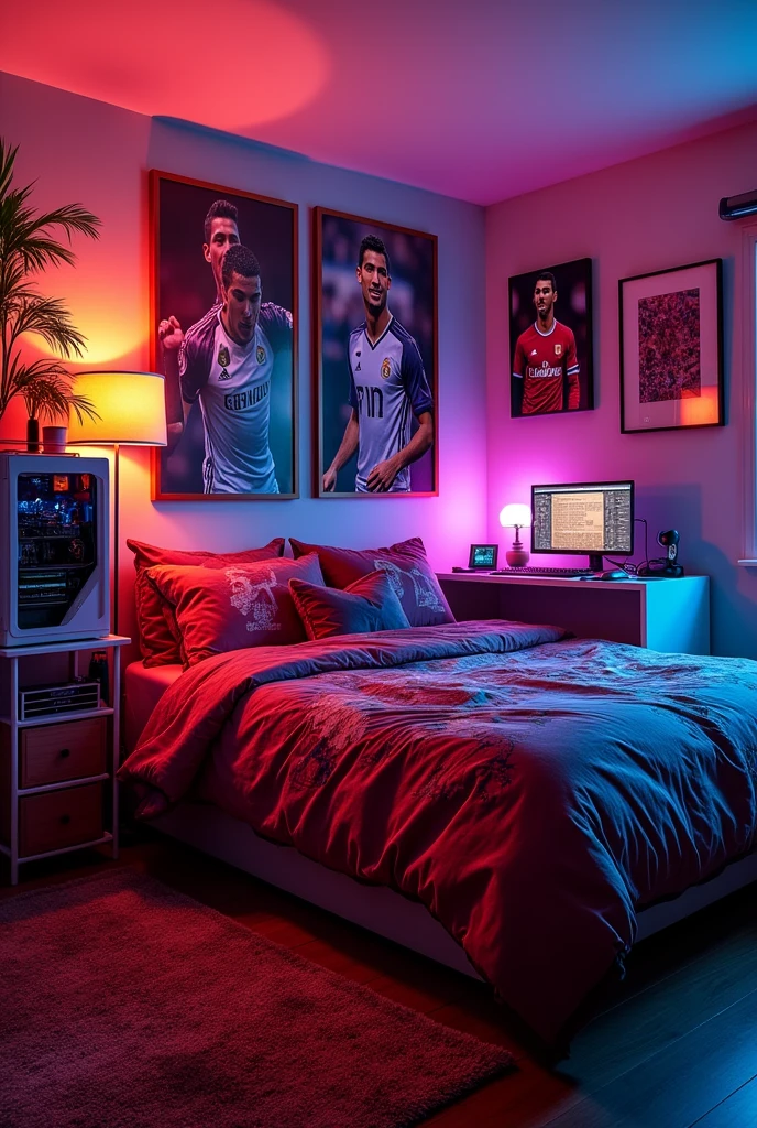 Bedroom with cristiano ronaldo dos santos averio posters on wall and bedsheet of ronaldo pics.room has gaming setup of ronaldo poster and theme. The room has gaming pc and setup. I want it in the pic too.