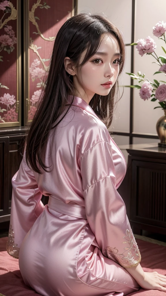 One person, Gaze, female feng shui master, A pink Chinese-style robe with silver embroidery, The background is an aura with a pale pink base,mysterious, Body and face facing forward