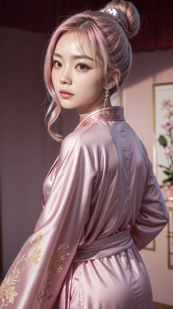 One person, Gaze, female feng shui master, A pink Chinese-style robe with silver embroidery, The background is an aura with a pale pink base,mysterious, Body and face facing forward