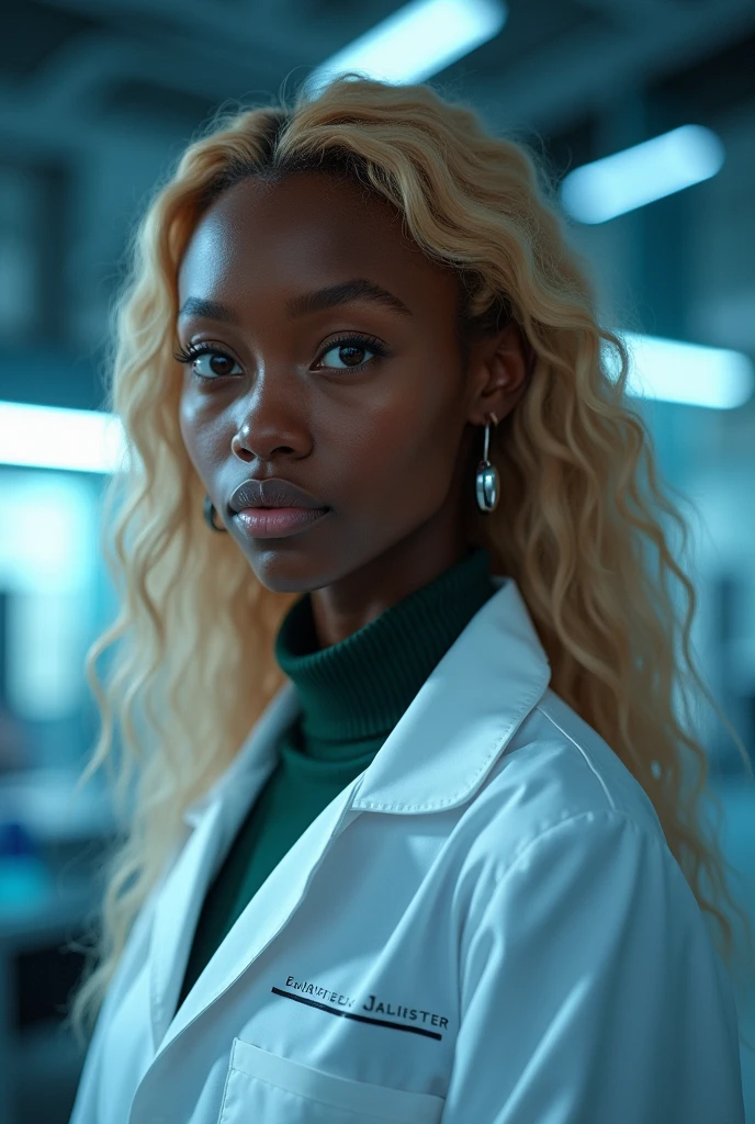 hyper realistic portrait of skai Jackson, dark skinned black girl, 19 years old, with long blonde hair and brown eyes. She should have a natural, approachable expression and be lit by soft, blue light, canon eos r5, raw format, wearing detailed lab coat, skilled in robotics, background is a detailed large modern mansion with scientific laboratory, full body, center