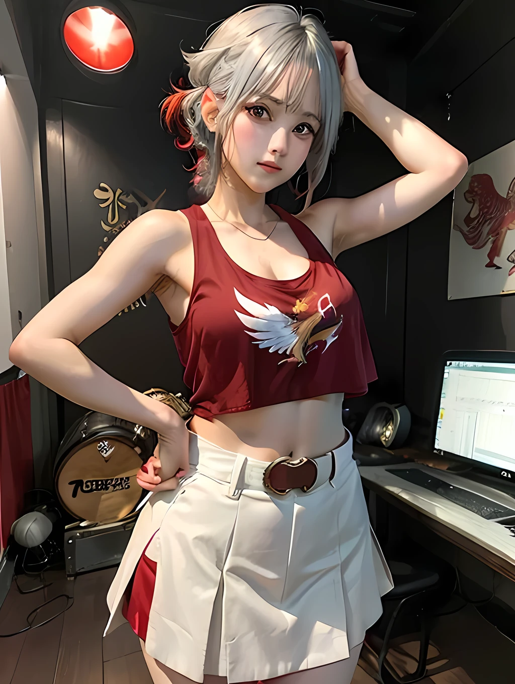 Beautiful Girls Phoenix have a wing Phoenix bird realistic, with Red tank top ,White skirt, palestine belt in music studio, short and grey hair.