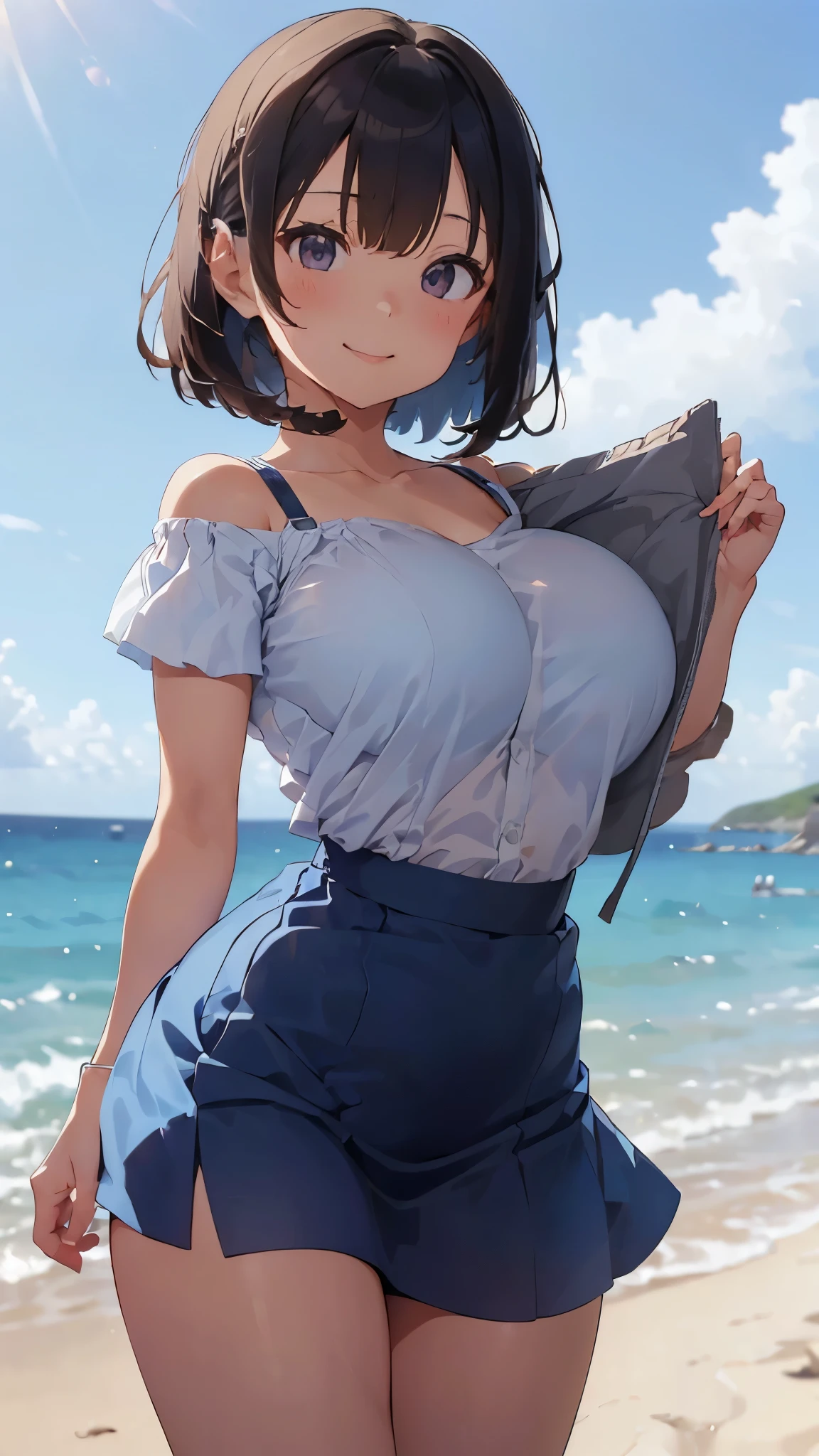 (Cute Smile、Black short bob、Cute orange hair clip)、((Clothed Big Tits、A white blouse clinging tightly to a sky-blue bra.))、((Light blue flared skirt、Pure white cute underwear))、barefoot、barefoot、((Sandy beach, sea and blue sky))、((The face is in focus and the background is blurred、Shallow depth of field))、Realistic、Standing posture、((Moderately large breasts、Closer valley、Pie Slash、She puts the bag on her shoulder.))