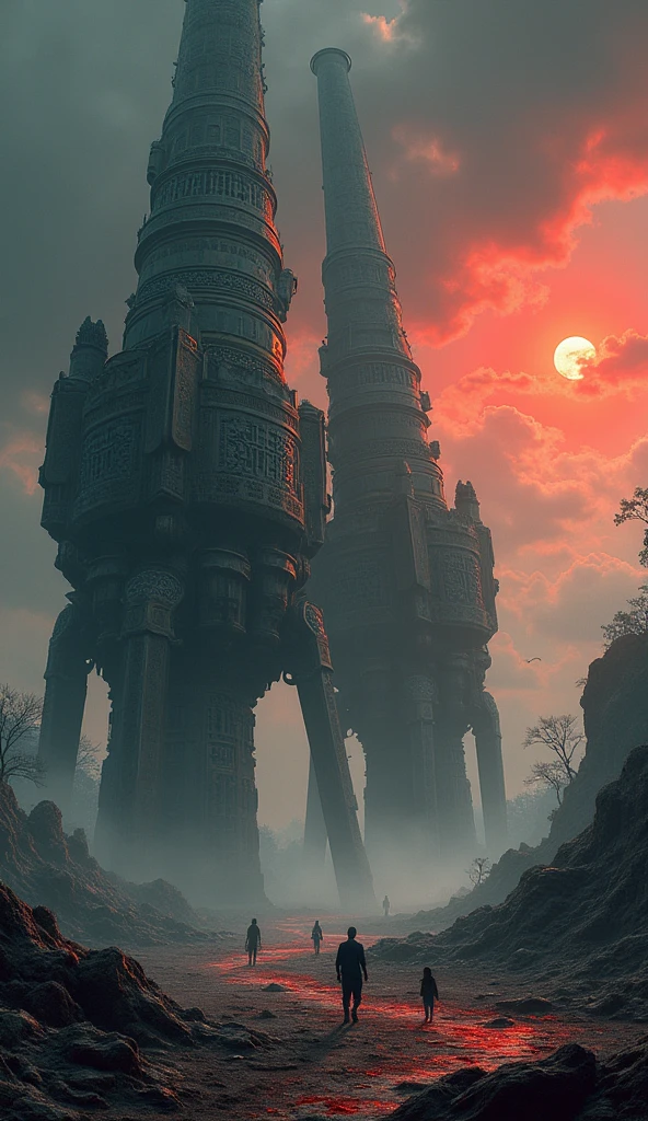 Giant weapons, topsy-turvy ancient Chinese guns, very small people looking up at the huge Yuejia guns, bloody twilight, the remnants of the sun like blood, dark clouds, the, dark clouds,Obsidian Bone Bloodstone Corrupted Metal Corrupted Runes Miasma Leath Shadowwood