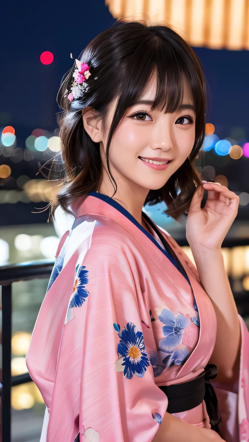 night、A glamorous atmosphere、firework、Matte fabric、Pink large floral pattern yukata、Cotton kimono、stylish （night景、night、smile）、night空、bangs、No makeup、（masterpiece、8k,RAW Photos、High resolution:1.4）、&#39;Her calm expression is、Emphasizes a soft look..。 Canon EOS R6 Mark II and Sigma 50mm f/2.Used in combination with 8/1.4 DG HSM Art Lens、シーンのあらゆるニュアンスがHigh resolutionでキャプチャされます。