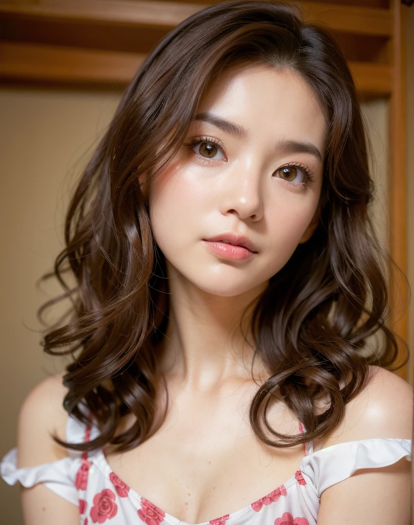 Highest quality, Face Focus, Soft Light, Ultra-high resolution, (Realistic:1.4), RAW Photos,Show me your hairstyle、Medium Hair,Loose curls,
1 Japan, alone, cute, (pupil, Light in your eyes),  Beautiful face in every detail, (Small box),(High resolution detail of human skin texture),
(Long Hair),
indoor,
Damask Shirt Dress,
(Portraiture)