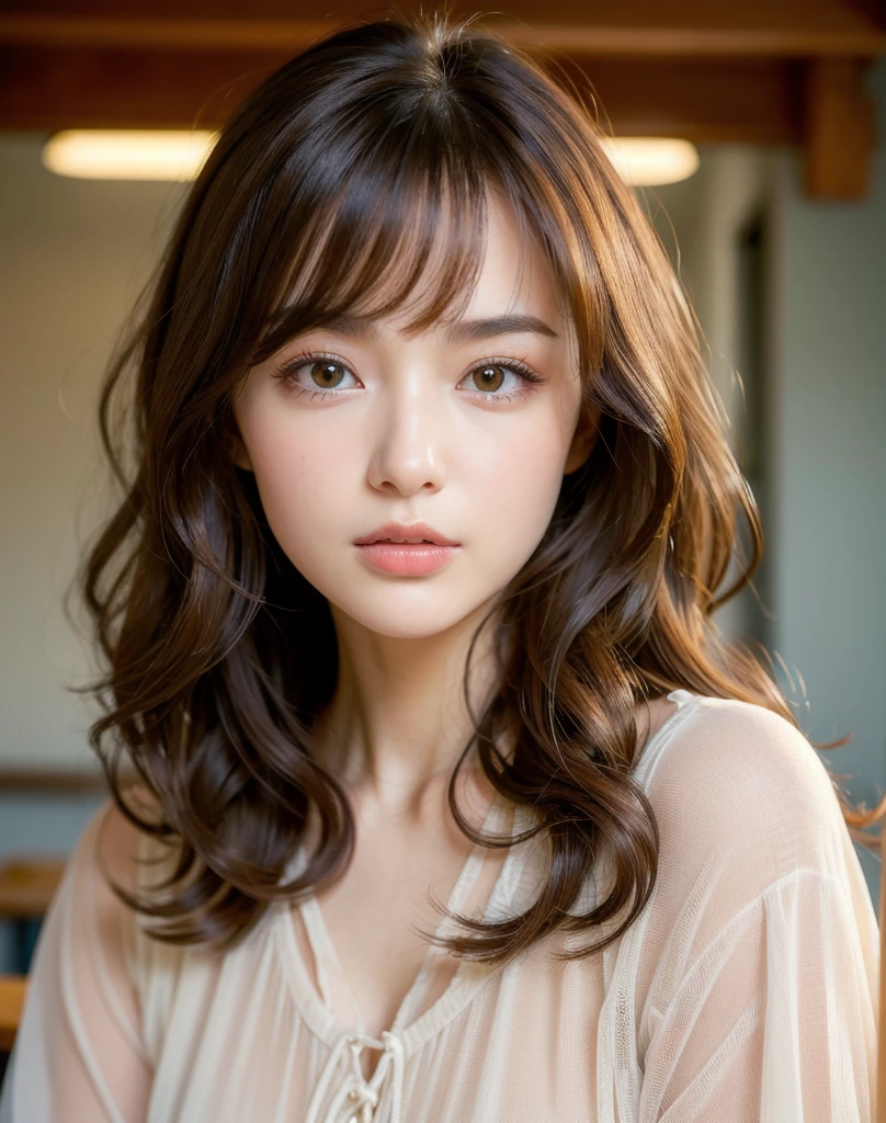 Highest quality, Face Focus, Soft Light, Ultra-high resolution, (Realistic:1.4), RAW Photos,Show me your hairstyle、Medium Hair,Loose curls,
1 Japan, alone, cute, (pupil, Light in your eyes), Beautiful face in every detail, (Small box),(High resolution detail of human skin texture),
(Long Hair),
indoor,
Damask Shirt Dress,
(Portraiture)