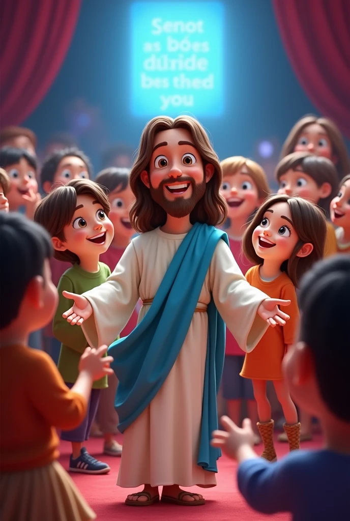 Animated Jesus image for children in a CARTOON style with a smile and bright eyes in BLUE COLOR with a simple tunic, SURROUNDED BY CHILDREN in a theater, highlighting the artistic qualities of the children with the phrase written in Spanish reflecting the god who created me