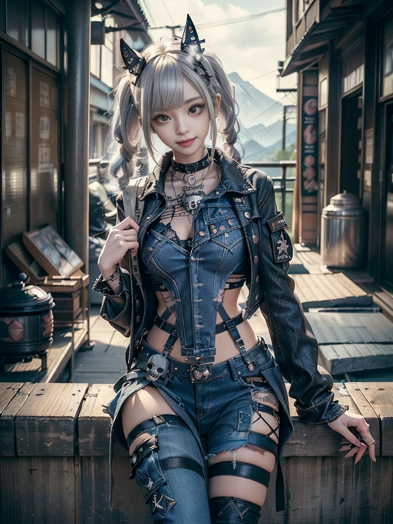 (Beautiful lips and nose:1.4)、(Long eyelashes:1.4)、(Smiling with teeth showing:1.3),(Shibuya Gal:1.5)、(Goth delicate embellished dress:1.5)、(Tattered denim and black punk rock cargo pants:1.5)、(Denim and black navy skull mark small jacket:1.4)、(denim garter belt:1.5)、(Black and denim knee socks:1.3)、(Skull Silver Accessories:1.5)、(Denim collar:1.3)、(hair band:1.3)、(Brown Skin Belt:1.4)、(Brown boots:1.2)、(The underwear is striped:1.4)、31 years old、((Highest quality、In 8K、masterpiece:1.3))、Sharp focus:1.2、(Layered Cut、Huge boobs:1.1),Beautiful woman with perfect figure:1.4、(Dancing vigorously:1.3)、Slender Abs:1.2、Highly detailed face and skin texture、Detailed eyes、double eyelid,(Twin tails:1.3)、(Cream colored hair:1.3)、Gravure idol、(The background is a vast mountain with a clear view々Beautiful luxury resort destination in Europe:1.3)、(Slim Body:1.2),(Make your legs thinner:1.4),(clavicle:1.1)