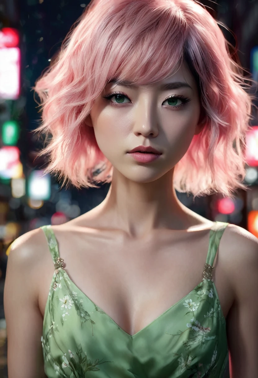 1 woman, she is japonese,  inside a city at night, wearing a red dress, feminine light green eyes, clear and detailed skin, small breasts, short light pink hair, dramatic lighting, cinematic composition, dark palette, dark colors, atmospheric haze, thin chin, soft face, serious face, beautiful woman, adult woman, ultra realistic, adult woman (best quality, 4K, 8K, high resolution, art: 1.2), ultra detailed (realistic, photorealistic, photorealistic: 1.37)