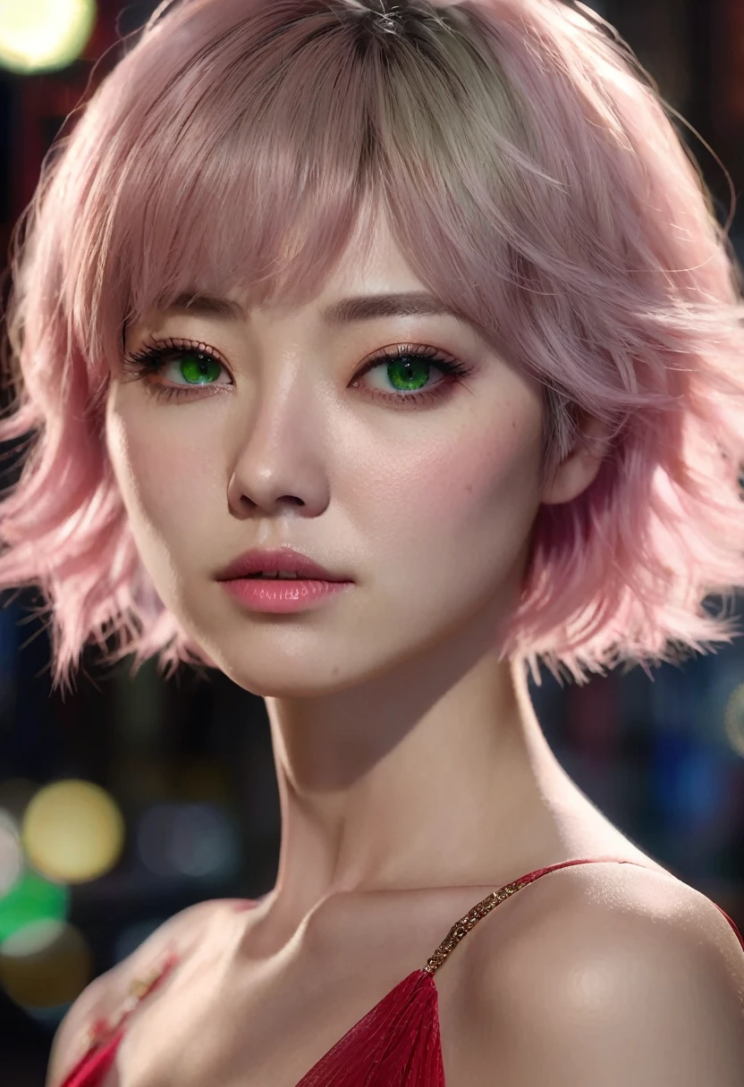 1 woman, she is japonese, inside a city at night, wearing a red dress, feminine light green eyes, clear and detailed skin, small breasts, short light pink hair, dramatic lighting, cinematic composition, dark palette, dark colors, atmospheric haze, thin chin, soft face, serious face, beautiful woman, adult woman, ultra realistic, adult woman (best quality, 4K, 8K, high resolution, art: 1.2), ultra detailed (realistic, photorealistic, photorealistic: 1.37)