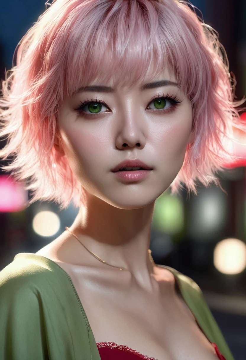 1 woman, she is japonese, inside a city at night, wearing a red dress, feminine light green eyes, clear and detailed skin, small breasts, short light pink hair, dramatic lighting, cinematic composition, dark palette, dark colors, atmospheric haze, thin chin, soft face, serious face, beautiful woman, adult woman, ultra realistic, adult woman (best quality, 4K, 8K, high resolution, art: 1.2), ultra detailed (realistic, photorealistic, photorealistic: 1.37)
