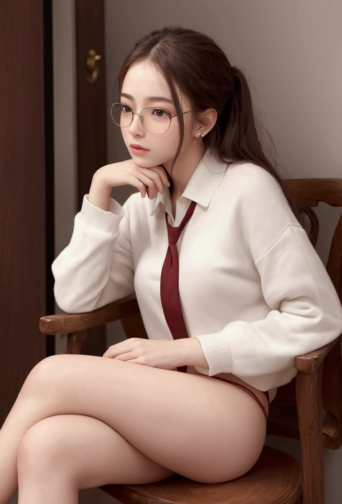 8k, Highest quality, masterpiece:1.2), (Realistic, photo-Realistic:1.37), Highest quality, masterpiece, Beautiful young woman, Pensive expression, Thoughtful expression, Elegant clothing, Tie your hair back, Messy mood, Movie Background, tired, Light skin tone、He wears very large glasses、Sitting with one knee raised、Red panties are visible

