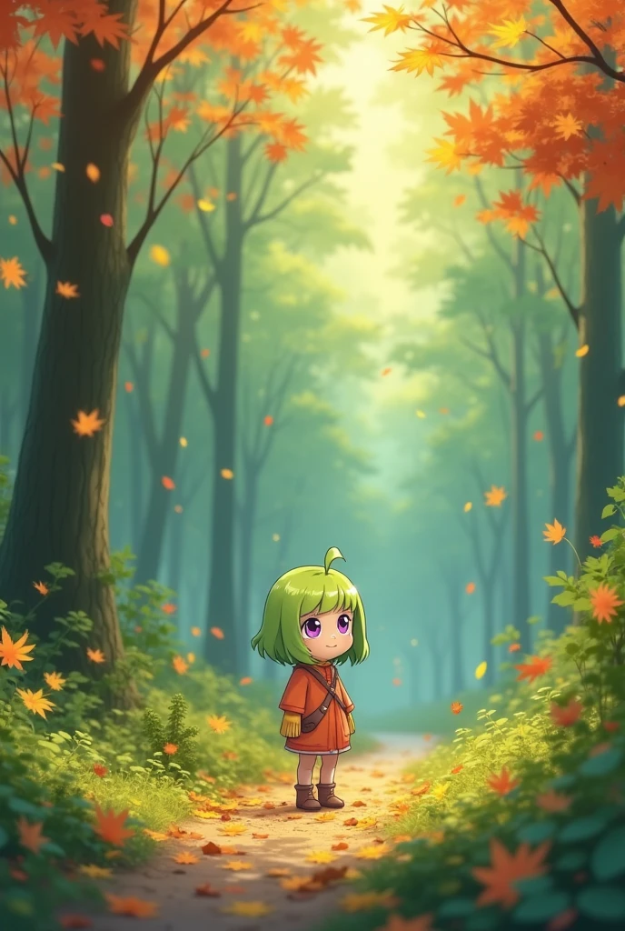 anime,small stature, , by the wide, green hair, purple eyes, autumn forest background