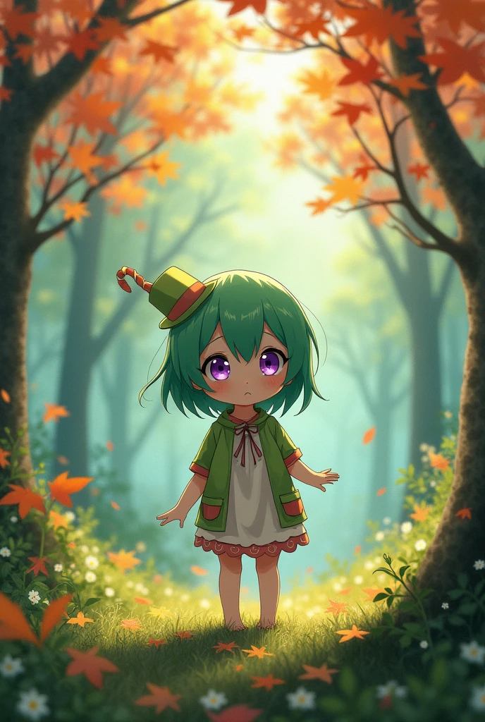 anime,small stature, , by the wide, green hair, purple eyes, autumn forest background