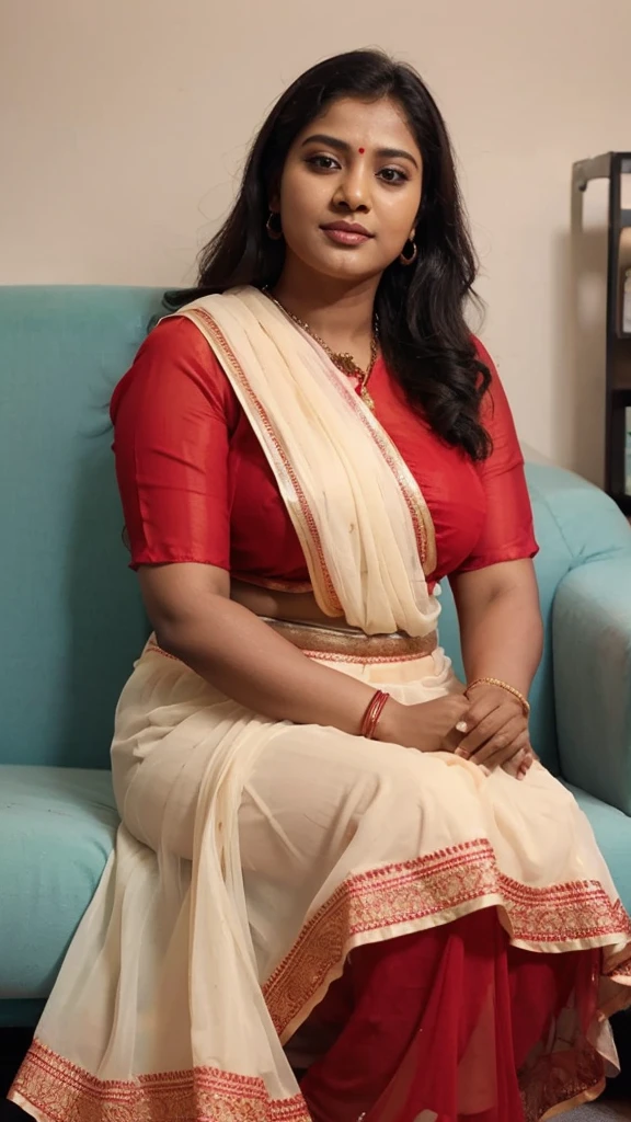South Indian women, wearing red colour chiffon transparent shiny skirt and black chiffon shirt