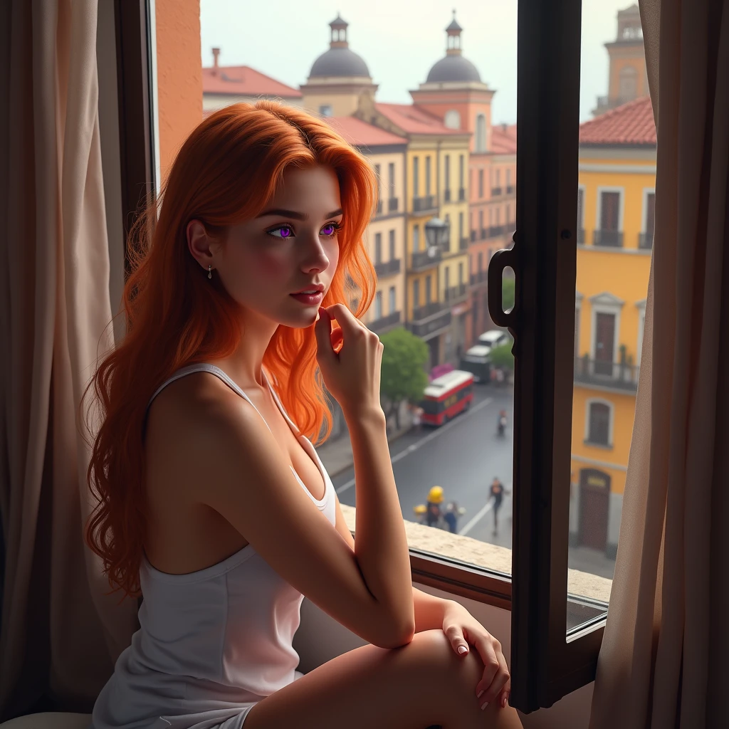 A young naked Spanish girl looking out a window from behind with long hair and a tank top, looking out the window at colorful Cordoba city buildings in what appears to be a lively urban environment. masterpiece, best quality, 1 girl, purple eyes, orange hair. hyper realistic style, natural, nude.
