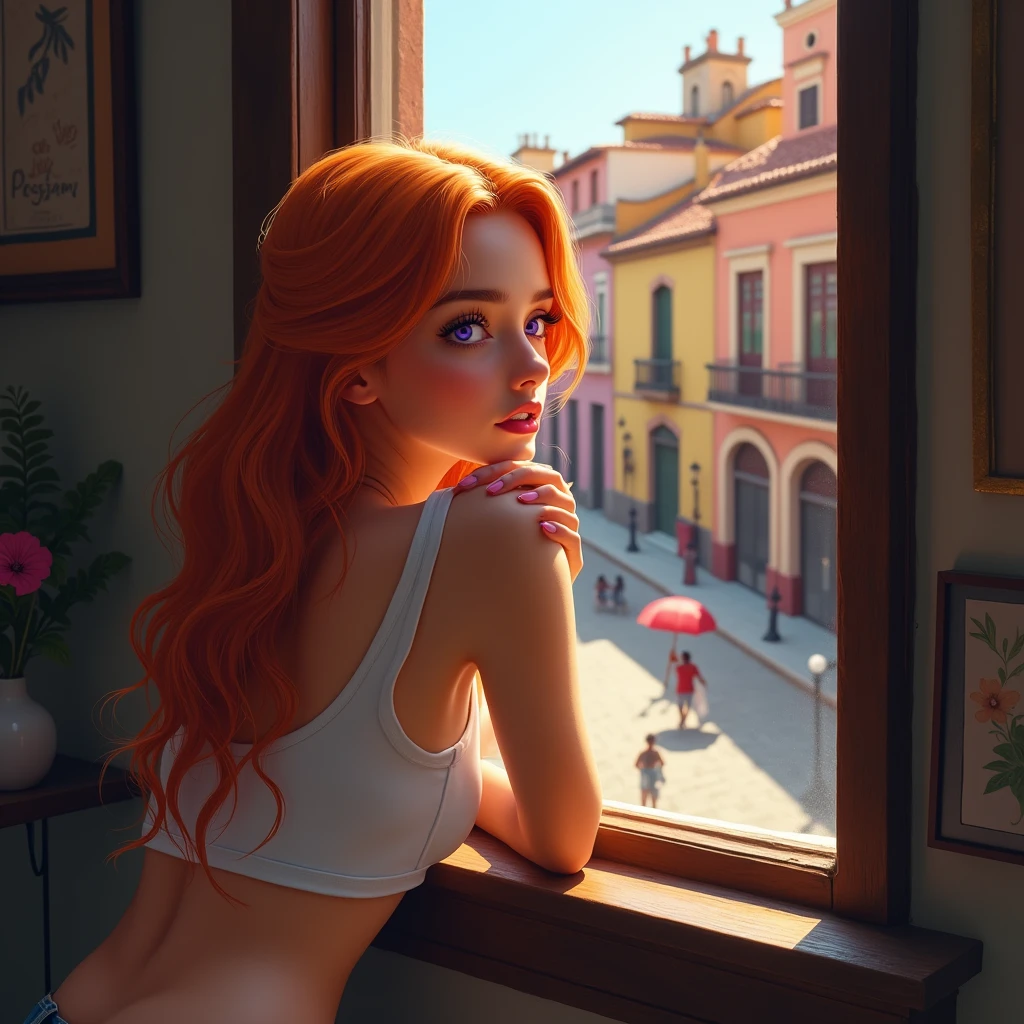 A young naked Spanish girl looking out a window from behind with long hair and a tank top, looking out the window at colorful Cordoba city buildings in what appears to be a lively urban environment. masterpiece, best quality, 1 girl, purple eyes, orange hair. hyper realistic style, natural, nude.