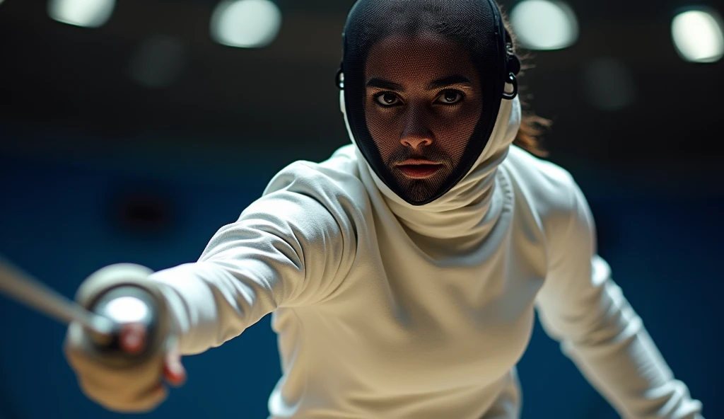 A female Venezuelan fencer in her mid-twenties, tall and strong, wearing a fencing uniform and mask. She is mid-lunge, facing the camera with intense concentration, in an indoor fencing arena with controlled lighting. The image should be in 4K resolution, with detailed skin texture and captured with an HDR lens.