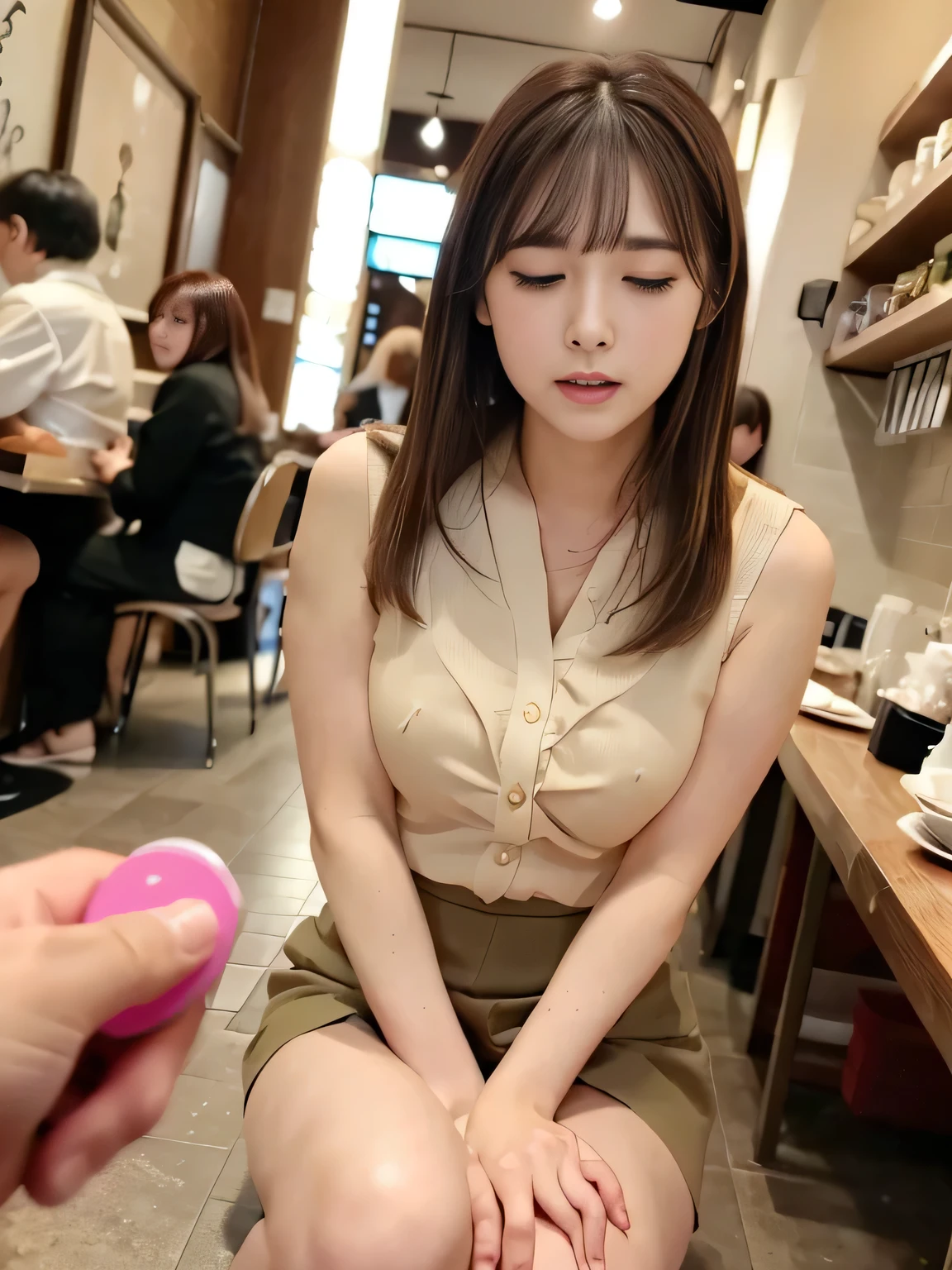 A vibrator prank in a cafe.、Woman in a restaurant,She leaned forward.,(She closes her eyes),she yawns,　A lot of people around、Hand holding a pink remote control outside the frame,She wants me to stop using the vibrator,Look here and plead、Embarrassed face、She puts her hands on her crotch under the table,She is wearing a black suit with a tight skirt、White blouse、meal、Sitting in a chair、Cafe、Fluffy medium hair、Pure erotic face、(Masseter muscle area:1.3)、(8k、Photorealistic、RAW Photos、Highest quality: 1.4)、(One Girl)、Very beautiful face、Very beautiful face、Very beautiful face、(Very realistic face)、(Brown hair、Fluffy medium hair:1.3)、Very beautiful hairstyles、Very realistic eyes、Very beautiful details、（Extremely realistic skin）、Very beautiful skin、absurdes、Very attractive、Ultra-high resolution、surreal、High definition、Golden Ratio、Golden Ratio、Golden Ratio、beauty、beauty、beauty。