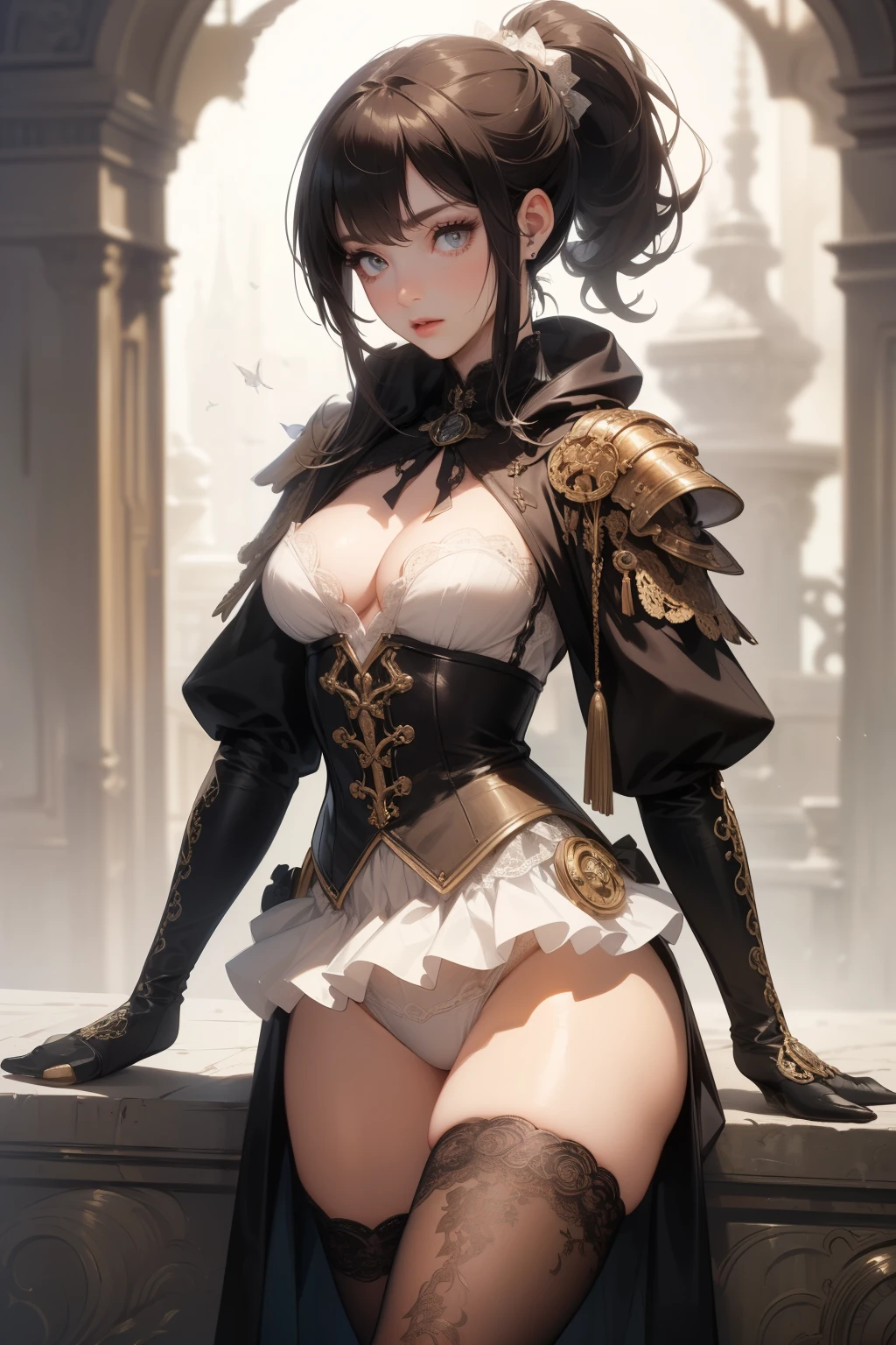 (((masterpiece, of the highest quality, super detailed))), (a female knight of an occult order), Edwardian/Victorian era inspired, ((minimal but intricate beautiful armour)), ((Fluttering lace flared dress with frilly petticoats)), ((((Highly detailed face))), ((ponytail, thick ponytail, heavy ponytail)), (((Very sharp focused eyes))), very long eyelashes, (resolved expression), (resolute expression), small breasts, occult aesthetic, (red and white clothing detailed and intricate steampunk and detailed gothic), (with a hood), (thigh high flared socks), complex lace boots