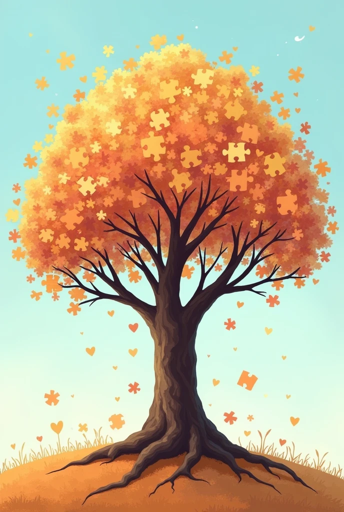 (Ilustrasi:1.2), Tree of Hope, with big and strong roots, Sturdy trunk, Spreading branches with colorful puzzle and heart shaped leaves, soft color background like sky blue, this design emphasizes strong support for individuals with autism.
