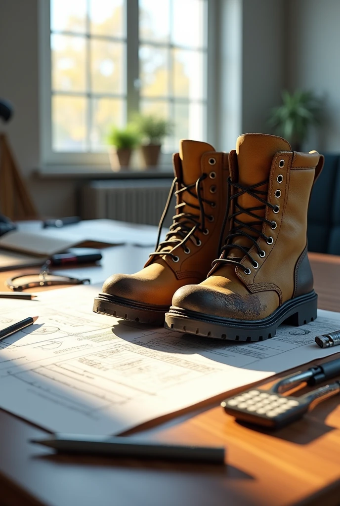 large office table, an open engineering project on the table, on the table you can see a pencil, a pen, a compass, a calculator, and a scalemeter, the background is an engineering office, clear clean and organized, light of the sun coming through the window. Prominent on the table is a pair of fire department boots with smoke marks and fire burns.
