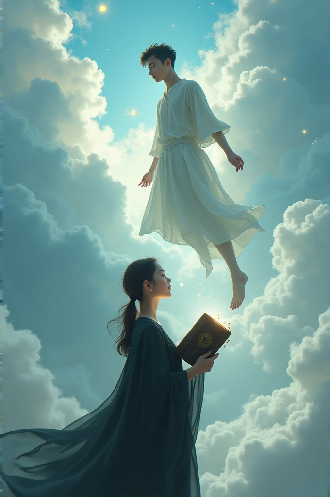 A young man floating on clouds in the sky looks at a girl in a black robe holding a book in her hands.