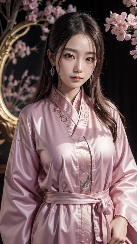 One person, Gaze, female feng shui master, A pink Chinese-style robe with silver embroidery, The background is an aura with a pale pink base,mysterious, 