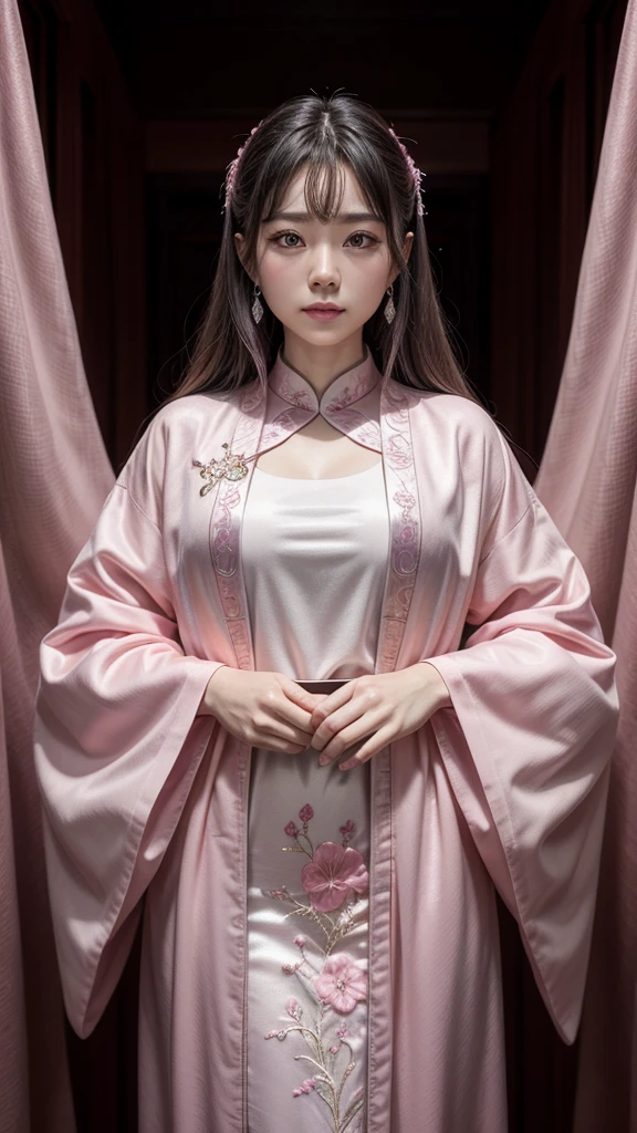 One person, Gaze, female feng shui master, A pink Chinese-style robe with silver embroidery, The background is an aura with a pale pink base,mysterious,