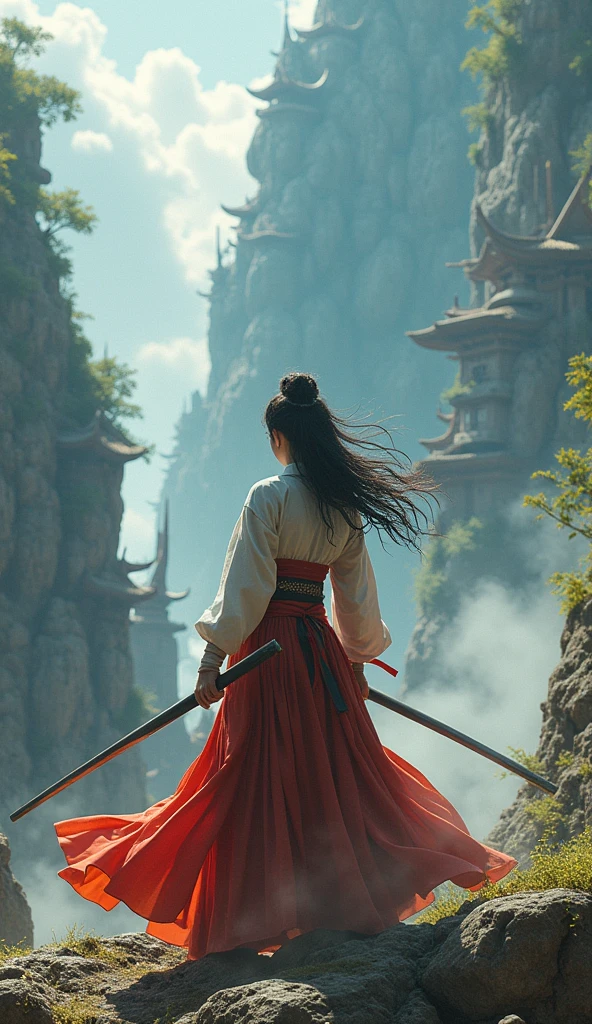Highest quality 8K Japanese Beautiful Girl Fantastic World Fantastic costumes Fantastic Background Long shot whole body Fantastic Building Fighting stance Sweat gushing forth Disheveled Hair heavy breathing Carrying a weapon The figures are small