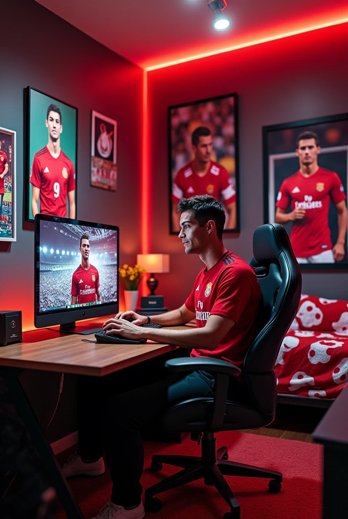 Bedroom with cristiano ronaldo dos santos averio posters on wall and bedsheet of ronaldo pics.room has gaming setup of ronaldo poster and theme. The room has gaming pc and setup. I want it in the pic too.i want real cristiano  ronaldo in this