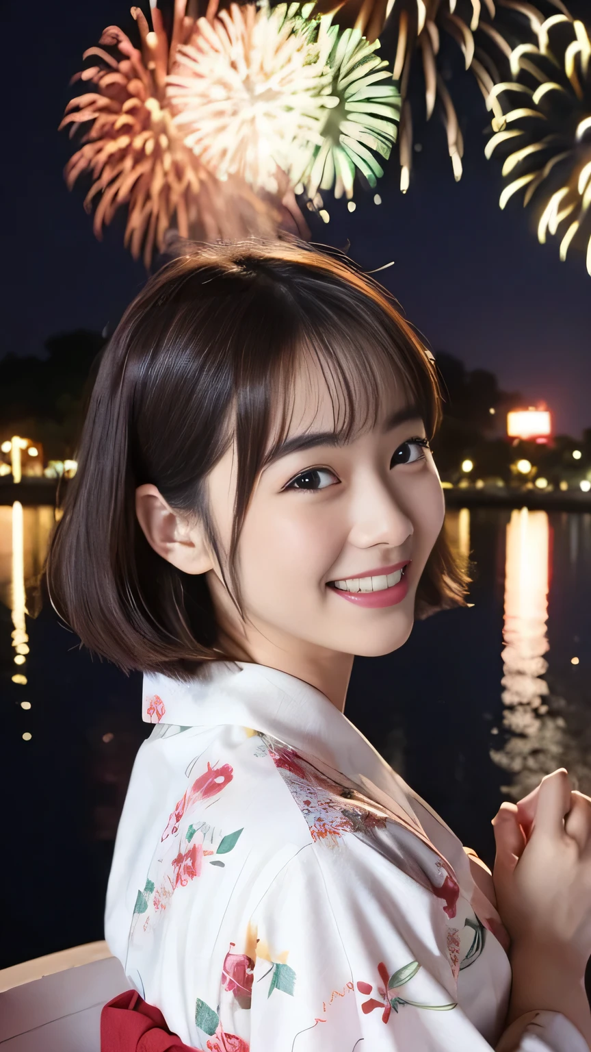 Beautiful Japanese Idols、Laughter、Looking back wearing a floral yukata on white fabric、Fireworks bursting into the sky with the riverbank at night as a backdrop、Cute round face,Two-tone brown and burgundy hair、super close up face、masterpiece,8th Grade,Beautiful Hands,Beautiful fingers,Ultra-realistic full-body photos,