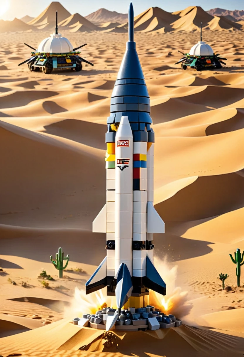 Magazine cover,best quality, very good, 16K, ridiculous, Very detailed, ((missile))desert,Made of Lego,