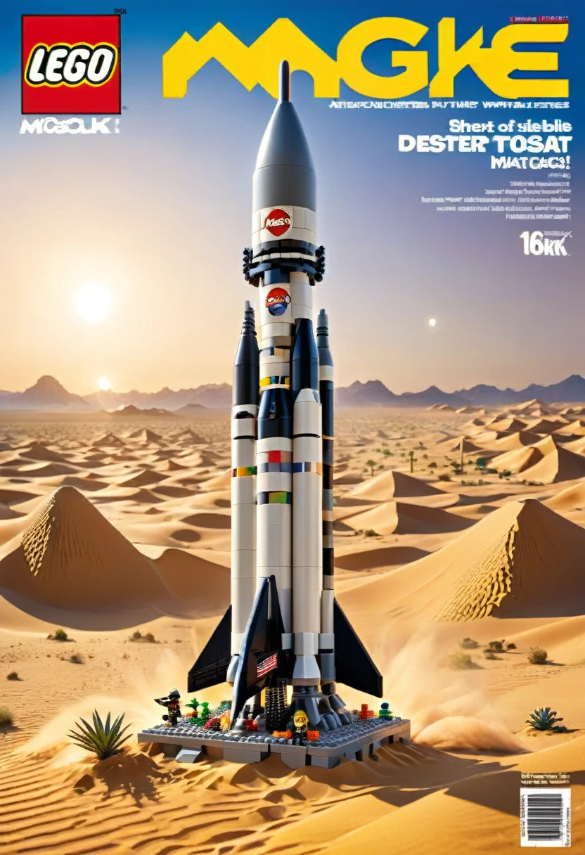 Magazine cover，best quality, very good, 16K, ridiculous, Very detailed, （（missile））desert，Made of Lego,