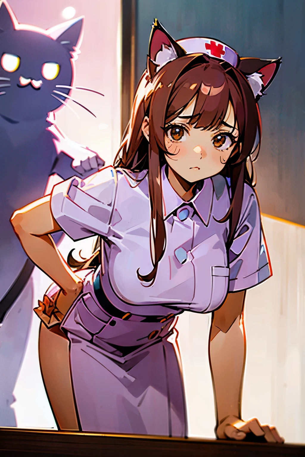 A beautiful woman with cat ears wearing a nurse's uniform, kawaii. She has long pink-brown hair with beast ears. 2.5D anime, leaning forward pose. Correct expression, accurate expression. She is in a hospital. Stunning beauty, well-defined face. A slightly embarrassed expression. Anime art.