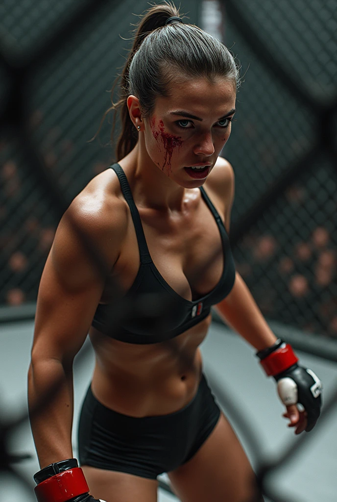 joanna jędrzejczyk fighting in the ring, with a black bikini and blooding face