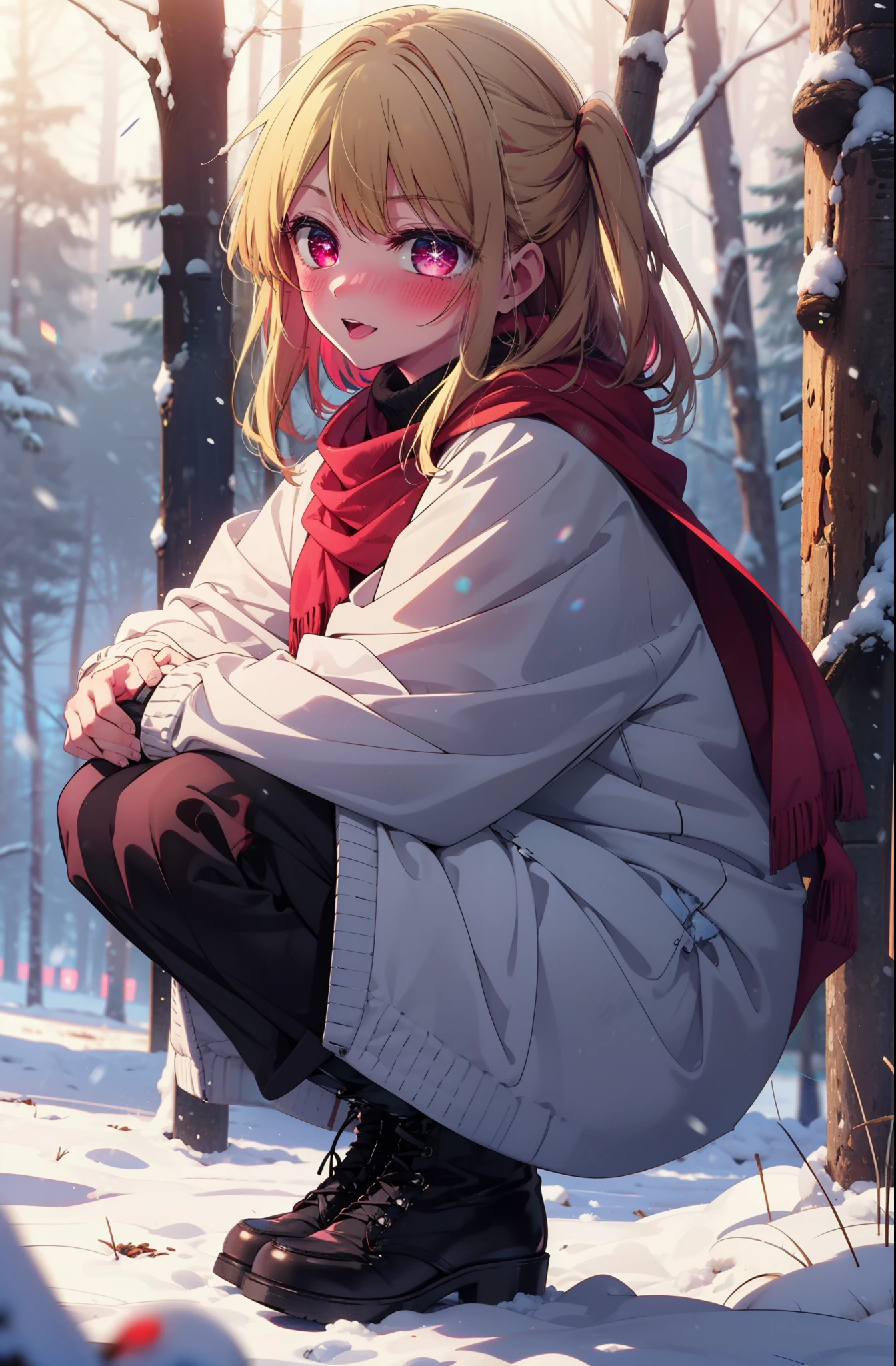 rubyhoshino, Hoshino Ruby, Long Hair, bangs, Blonde, (Pink Eyes:1.3), (Symbol-shaped pupil:1.5), Multicolored Hair, Two-tone hair, smile,blush,white breath,
Open your mouth,snow,Ground bonfire, Outdoor, boots, snowing, From the side, wood, suitcase, Cape, Blurred, , forest, White handbag, nature,  Squat, Mouth closed, Cape, winter, Written boundary depth, Black shoes, red Cape break looking at viewer, Upper Body, whole body, break Outdoor, forest, nature, break (masterpiece:1.2), Highest quality, High resolution, unity 8k wallpaper, (shape:0.8), (Beautiful and beautiful eyes:1.6), Highly detailed face, Perfect lighting, Highly detailed CG, (Perfect hands, Perfect Anatomy),