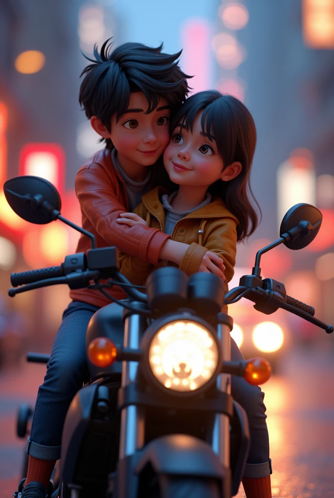 A boy giving a tight hug behind a girl on a motorcycle
