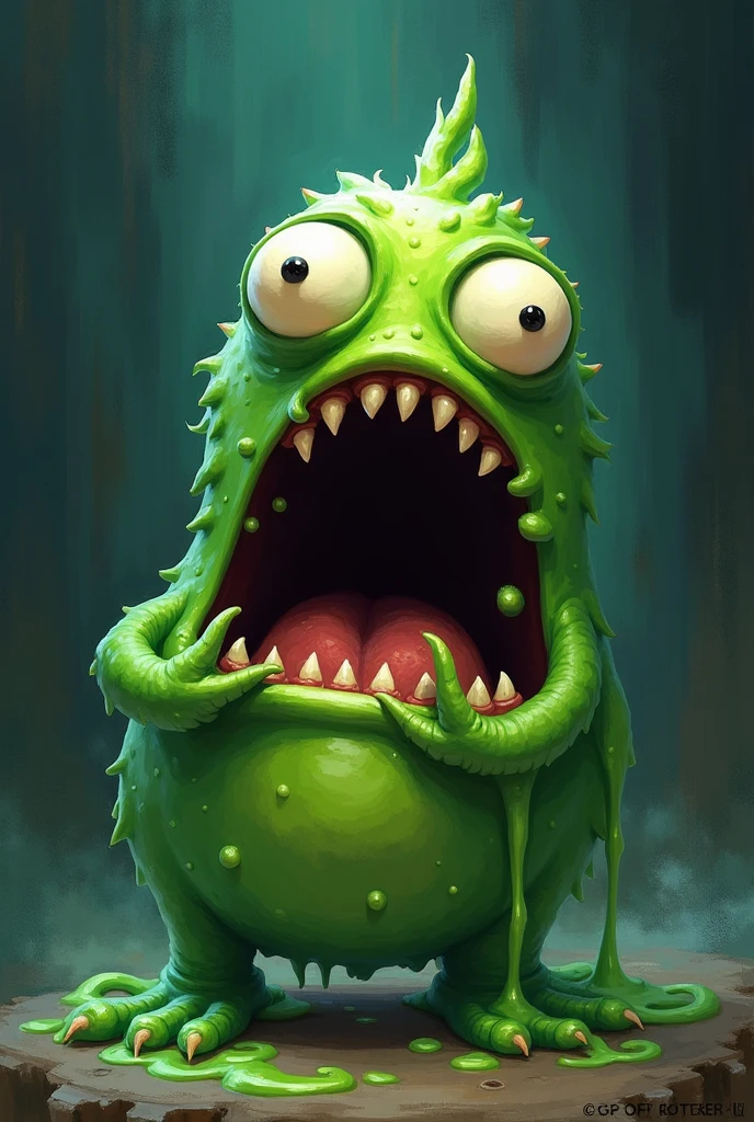 The image depicts a cartoon-like, green creature with a large, open mouth and wide eyes. Its expression suggests surprise or shock.
The creature appears to be slimy and has a textured body. It is set against a dark background with what seems to be swirling patterns or energy around it.
Overall, the image has a comical and somewhat unsettling quality.