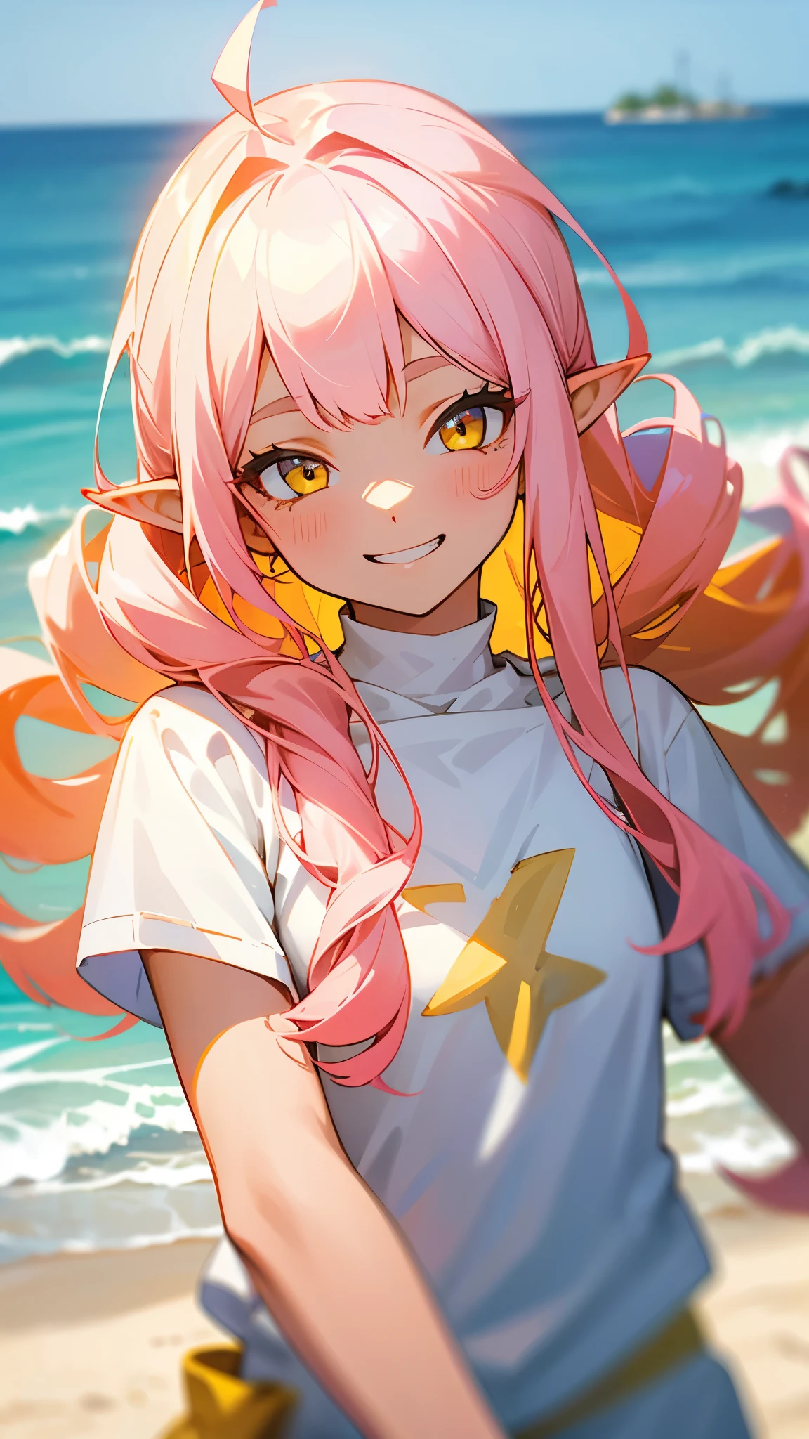 Girl、Long Hair Pink、Twin Drill, Bangs divided into left and right:1.5、Yellow Eyes、Pointy Ears、Grin、White T-shirt with ethnic pattern、White shorts、Beach Scenery、Soft lighting、Summer mood、Upper body close-up
