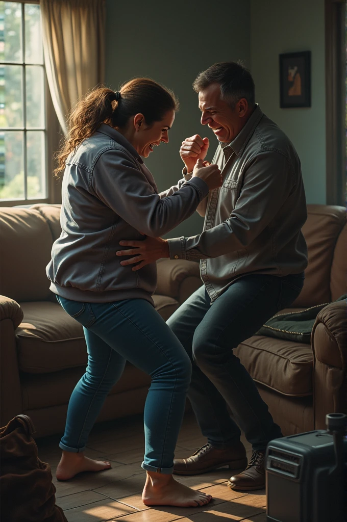 A woman is beating her husband.