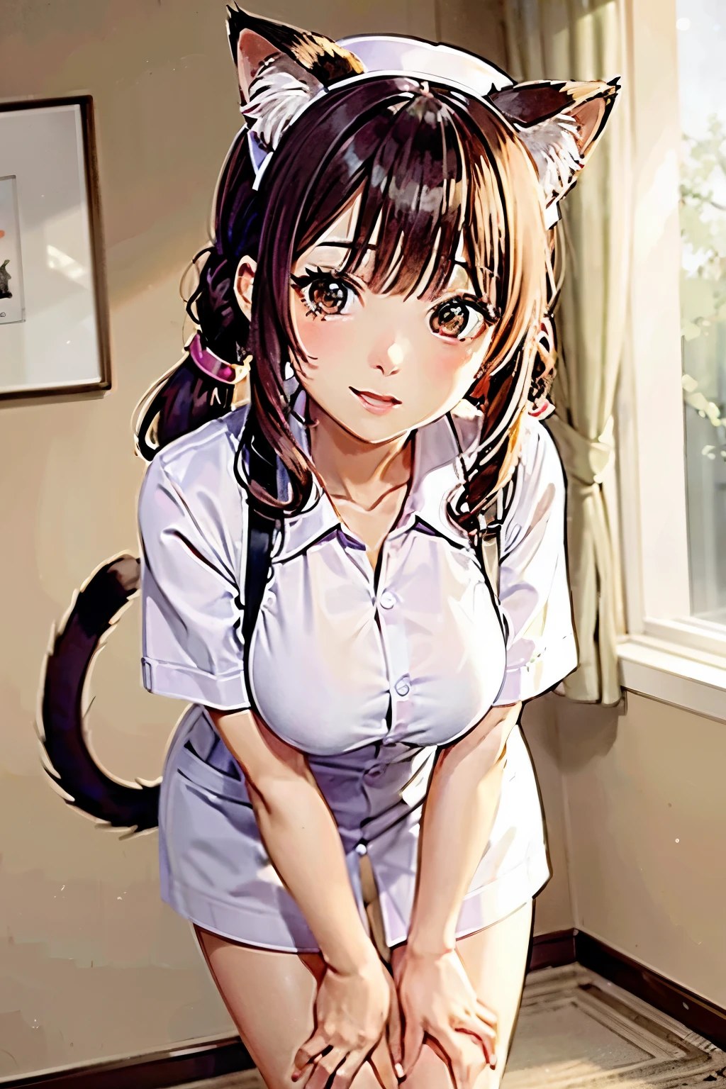 A beautiful woman with cat ears wearing a nurse's uniform, kawaii. She has long pink-brown hair with beast ears. 2.5D anime, leaning forward pose. Correct expression, accurate expression. She is in a hospital. Stunning beauty, well-defined face. A slightly embarrassed expression. Anime art.