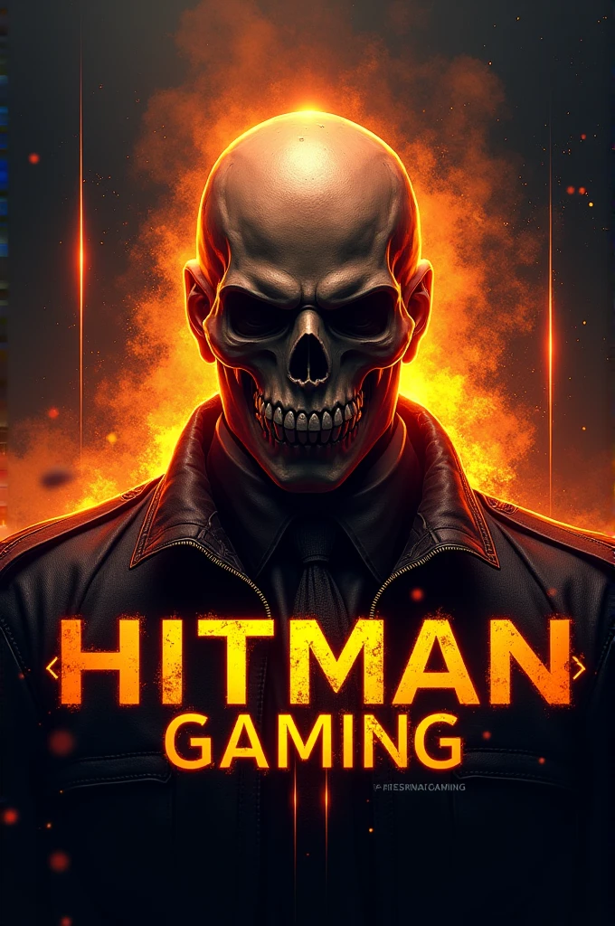 Make a youtube channel 16:9 ratio banner with some gaming effect and skull and orange colour mixture and add channel name HITMAN GAMING and using bold unique font and give a