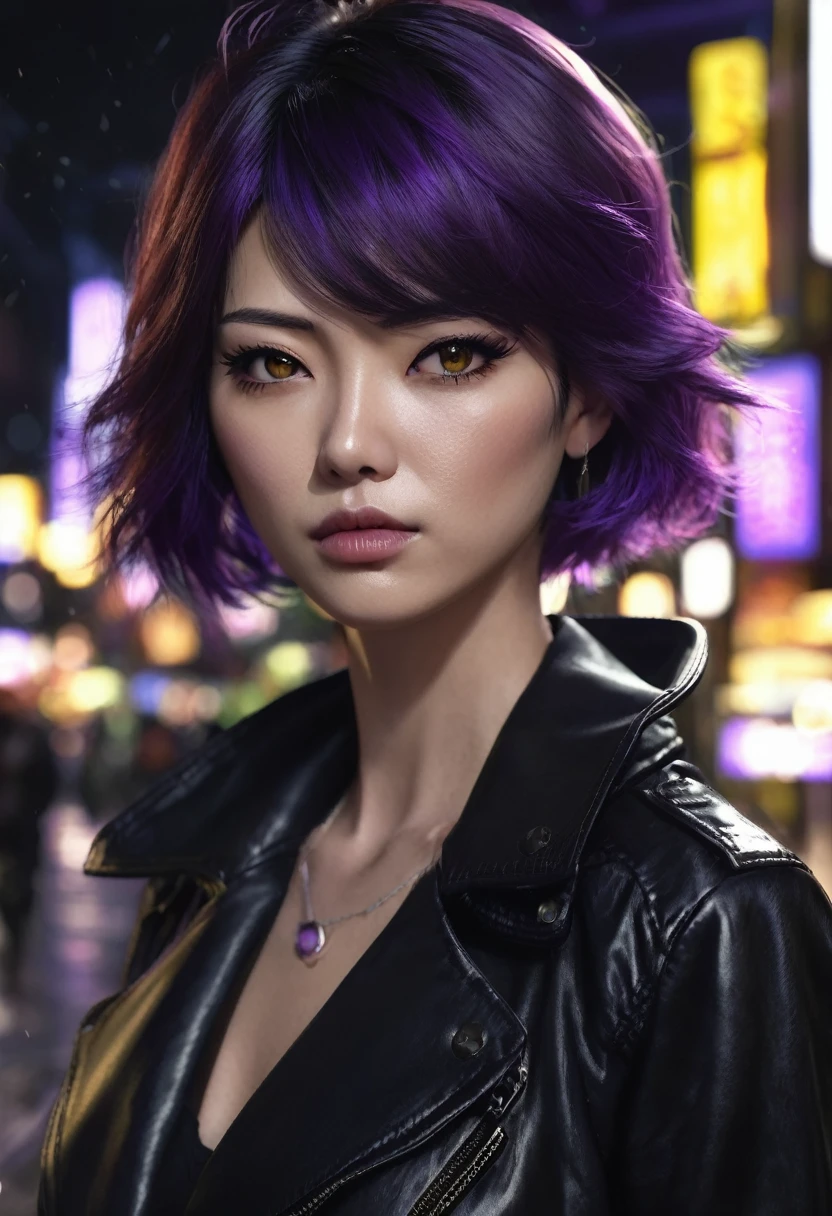 1 woman, she is a villain, she is Japanese, inside a city at night, wearing a black blouse and black leather coat, feminine yellowish brown eyes, fair and detailed skin, ear piercing, short purple hair, dramatic lighting, cinematic composition, mouth piercing, dark palette, dark colors, atmospheric haze, angry face, thin chin, serious face, serious face, beautiful woman, adult woman, very beautiful woman, ultra realistic, adult woman (best quality, 4K, 8K, high resolution, art: 1.2), ultra detailed (realistic, photorealistic, photorealistic: 1.37)