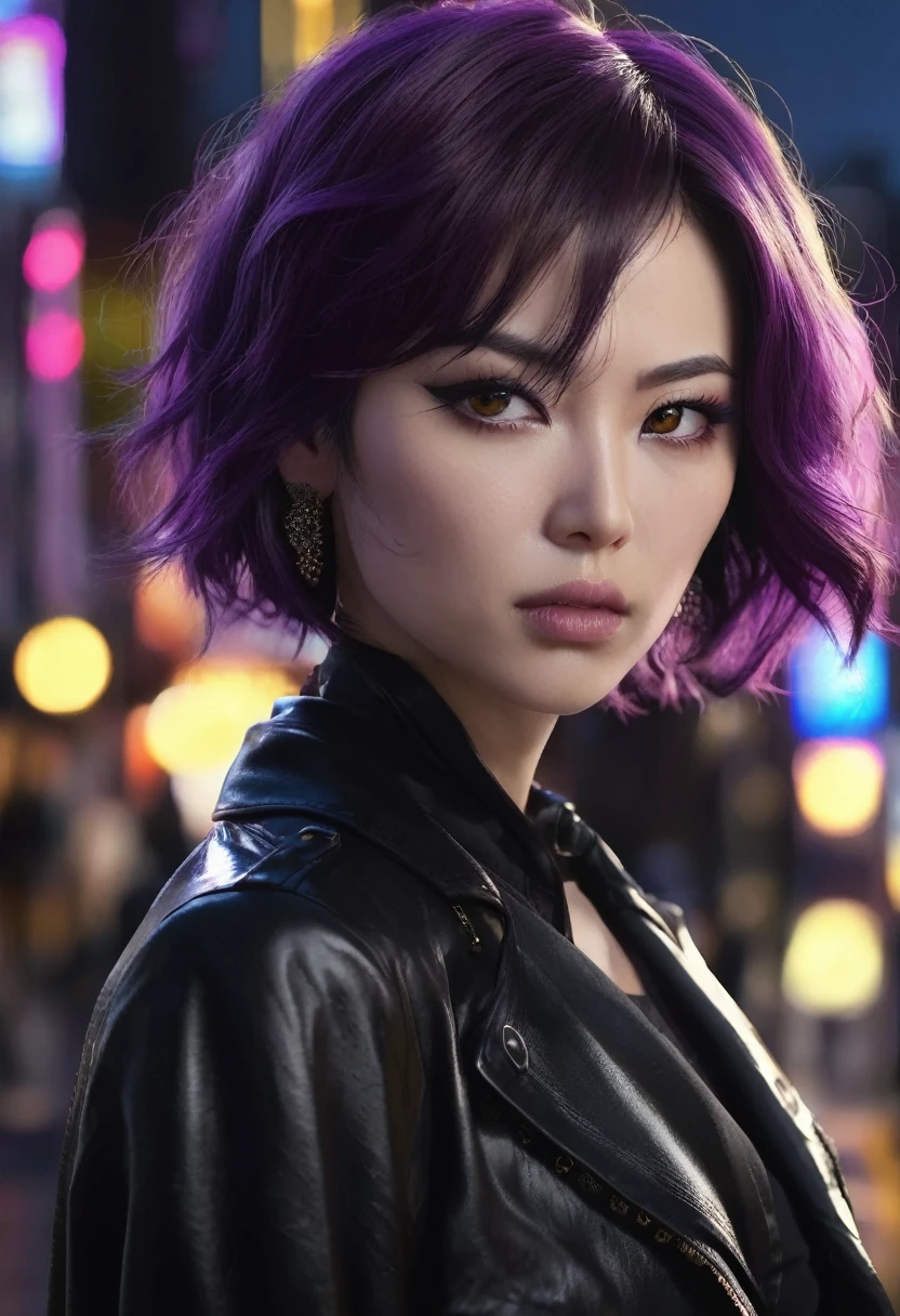 1 woman, she is a villain, she is Japanese, inside a city at night, wearing a black blouse and black leather coat, feminine yellowish brown eyes, fair and detailed skin, ear piercing, short purple hair, dramatic lighting, cinematic composition, mouth piercing, dark palette, dark colors, atmospheric haze, angry face, thin chin, serious face, serious face, beautiful woman, adult woman, very beautiful woman, ultra realistic, adult woman (best quality, 4K, 8K, high resolution, art: 1.2), ultra detailed (realistic, photorealistic, photorealistic: 1.37)